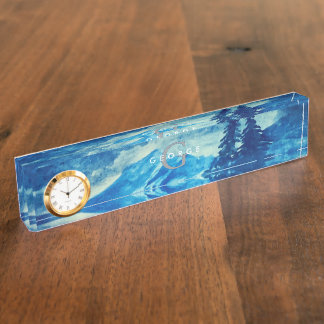 Porte-nom Pour Bureau Hiver Aquarelle Montagnes Paysage Monogramme