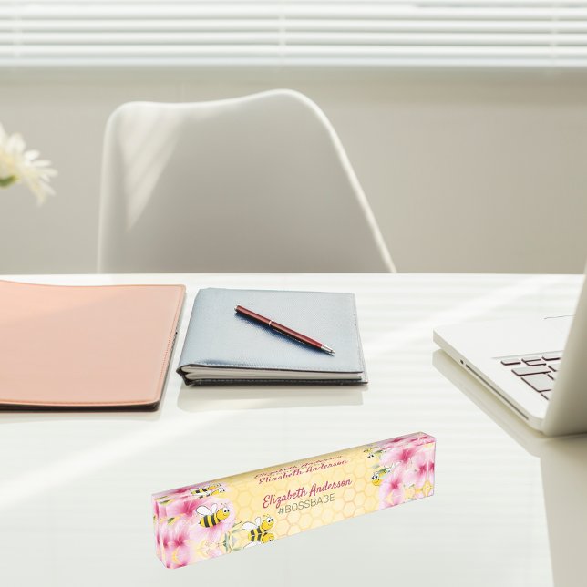Porte-nom Pour Bureau Honecomb joyeux bosse abeilles rose florale patron (Créateur téléchargé)