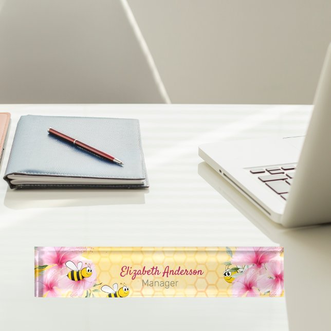 Porte-nom Pour Bureau Honecomb joyeux bosse abeilles rose florales (Créateur téléchargé)