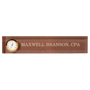 Porte-nom Pour Bureau Horloge de titre de nom en cuir marron professionn