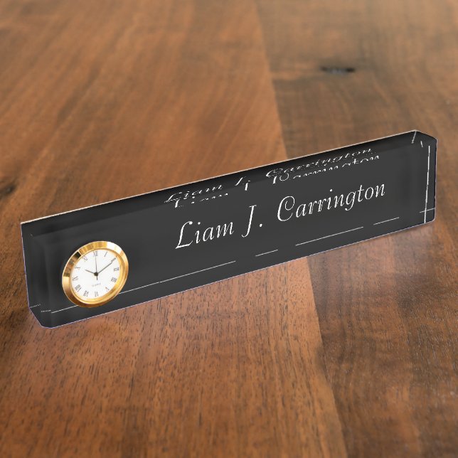 Porte-nom Pour Bureau Horloge Élégante Votre Nom Script Bureau Noir (Taille)
