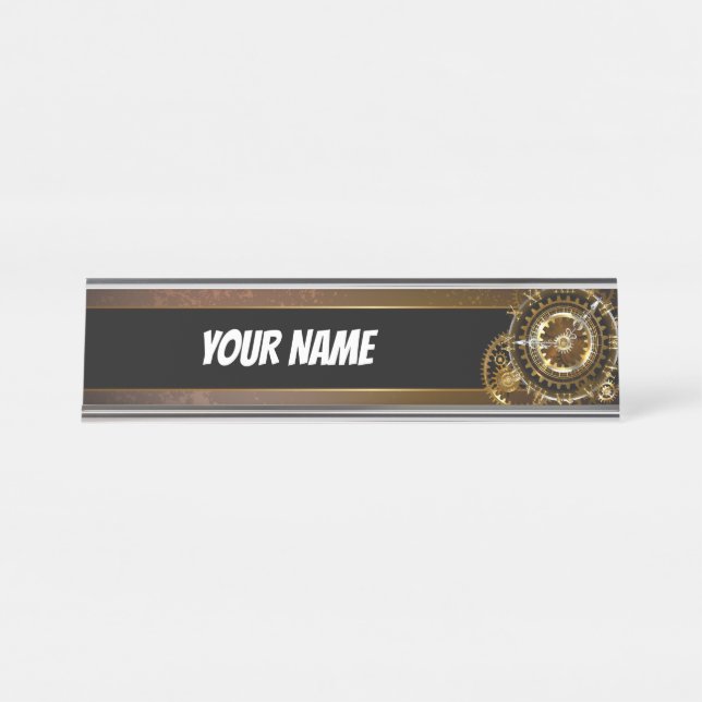Porte-nom Pour Bureau Horloge Steampunk avec des engrenages anciens (Devant)