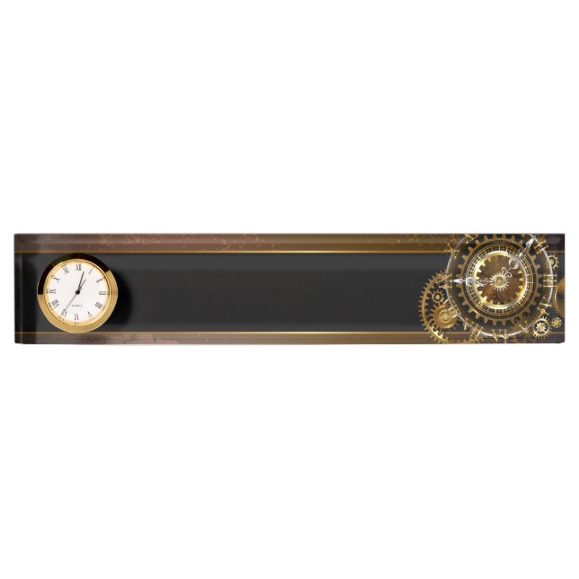 Porte-nom Pour Bureau Horloge Steampunk avec des engrenages anciens (Devant)