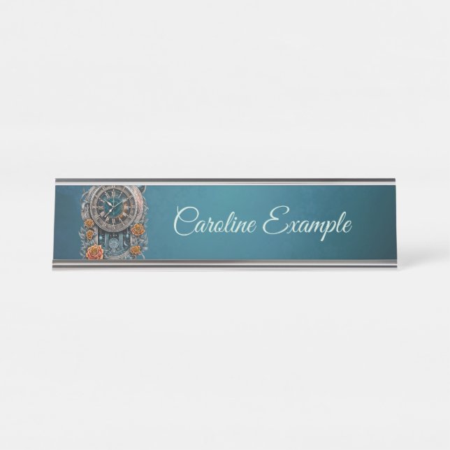 Porte-nom Pour Bureau Horloge Steampunk Ornate avec Roses. (Devant)