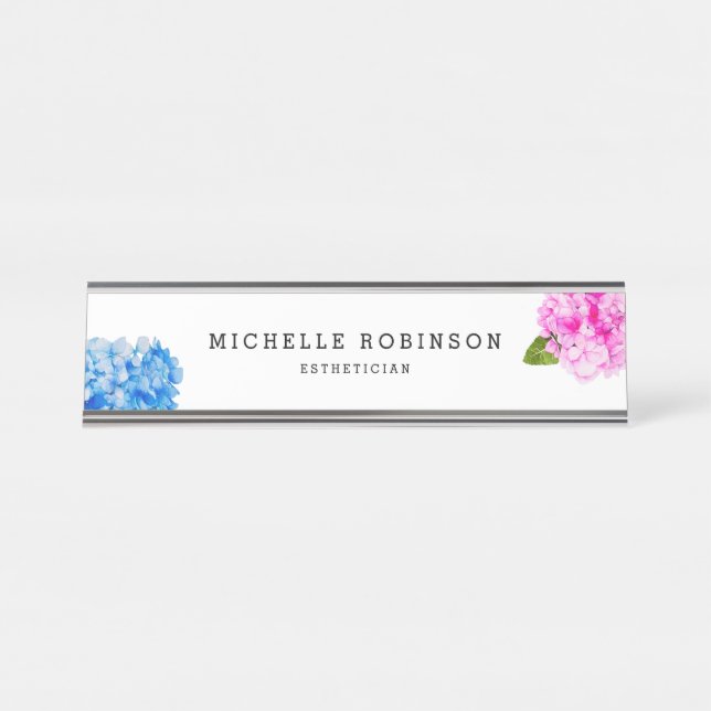 Porte-nom Pour Bureau Hortensia floral d'aquarelle élégante (Devant)