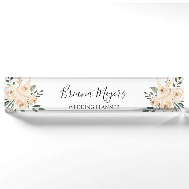 Porte-nom Pour Bureau Hydrangeas Pêche Rose Moderne Aquarelle Entreprise (Devant)