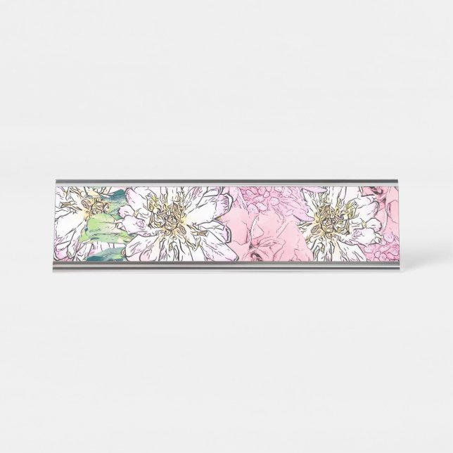 Porte-nom Pour Bureau Illustration florale rose et blanche de mignonne f (Devant)