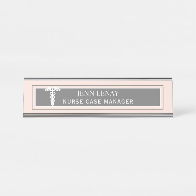 Porte-nom Pour Bureau Infirmière responsable Médicale Caduceus Blush Pin (Devant)