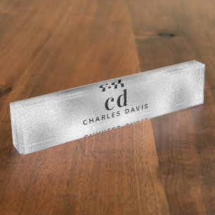 Porte-nom Pour Bureau Initiales monogramme argent minimaliste moderne