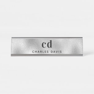 Porte-nom Pour Bureau Initiales monogramme argent minimaliste moderne