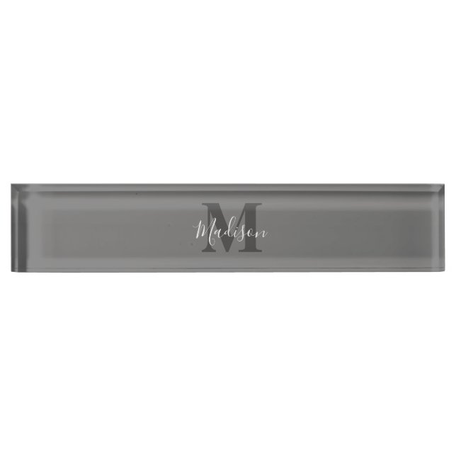 Porte-nom Pour Bureau Initiales Monogrammes Nom personnalisé Gris Blanc  (Devant)