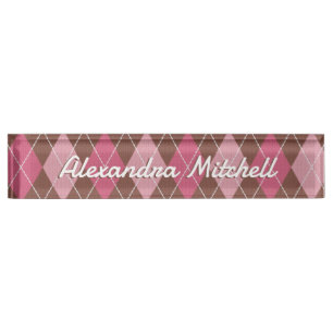 Porte-nom Pour Bureau Jacquard rose sur Motif diamant Brown - Votre nom