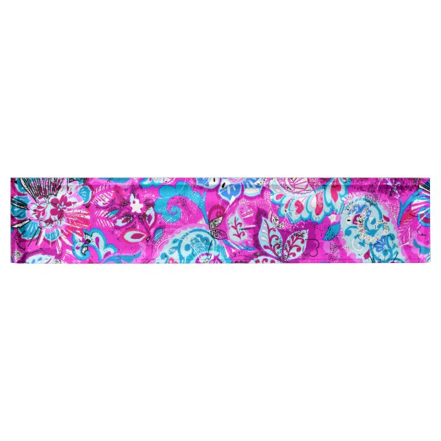Porte-nom Pour Bureau Joli bleu rose fleurs motif (Devant)