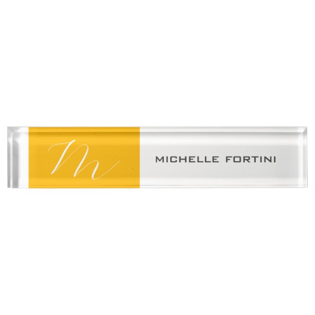 Porte-nom Pour Bureau Joli Monogramme Jaune Blanc Moderne Plaine (Devant)