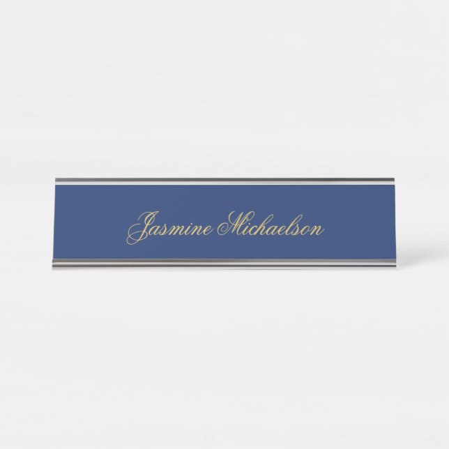 Porte-nom Pour Bureau Jolie calligraphie chic nom bleu et or (Devant)