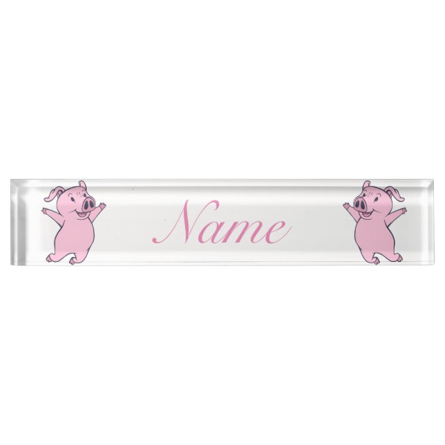 Porte-nom Pour Bureau Joyeux cochon rose sautillant Thunder_Cove (Devant)