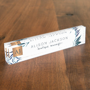 Porte-nom Pour Bureau lauriers d'aquarelle bleu océan cuivre monogrammé