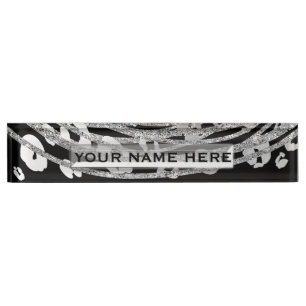 Porte-nom Pour Bureau Léopard Argent Guépard Tendance Glam Personnalisé