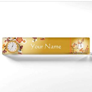 Porte-nom Pour Bureau Les fleurs de prunes japonaises Lune Gold Orange R