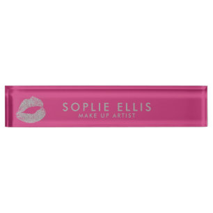 Porte-nom Pour Bureau Lèvres Pailletées Argent Maquillage Nom Personnali