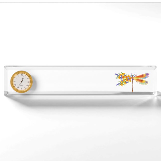 Porte-nom Pour Bureau libellule de fleurs jaunes (Devant)