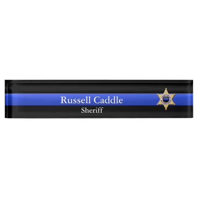 Porte-nom Pour Bureau Ligne Bleue Mince - Badge Star Sheriff Chef (Devant)