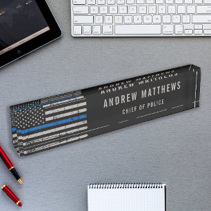Porte-nom Pour Bureau Ligne Bleue Mince Drapeau Agent de police
