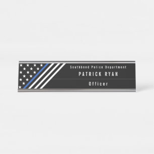 Porte-nom Pour Bureau Ligne Bleue Mince Police Étoiles Frappes Monogramm