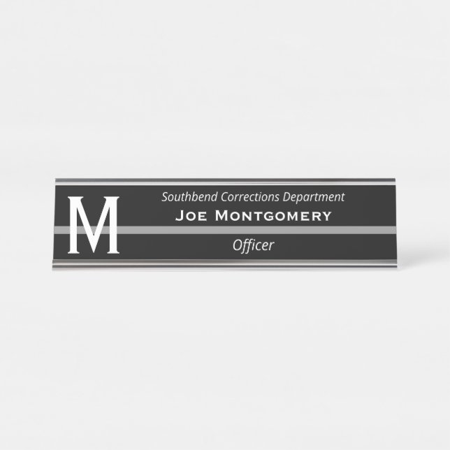 Porte-nom Pour Bureau Ligne mince Gray Agent correctionnel Monogramme (Devant)