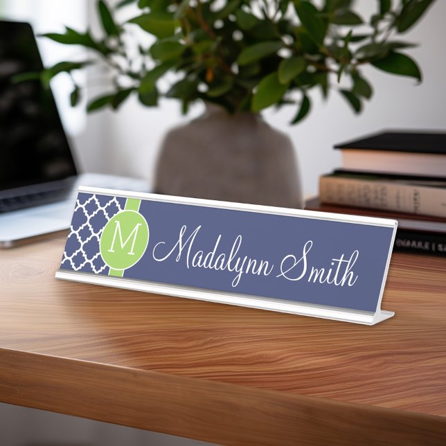 Porte-nom Pour Bureau Lime et marine Motif géométrique Monogramme person (Personalized Desk Sign with Name and Title - Custom Executive Name Plate)