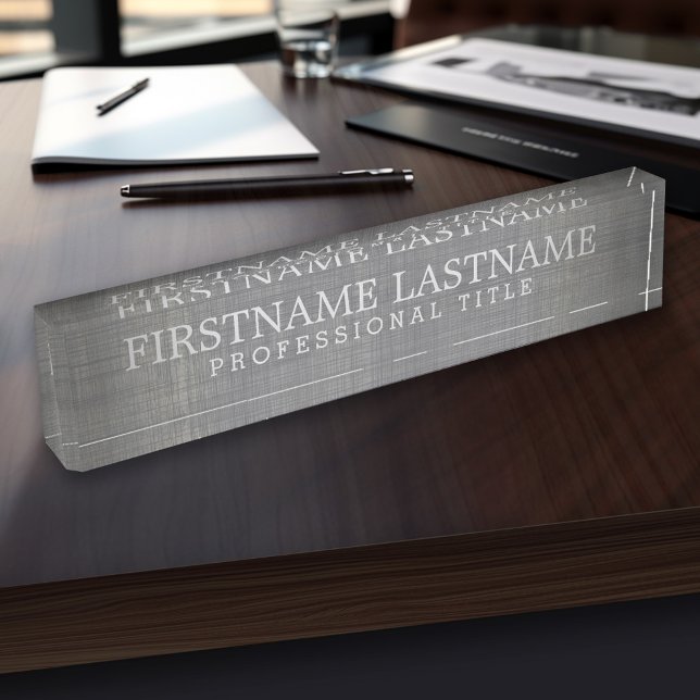 Porte-nom Pour Bureau Lin gris - Nom de base et titre professionnel (Personalized Name Plate - Custom Logo Executive Desk Plate with Name and Professional Title)