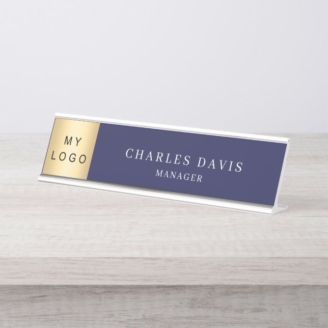 Porte-nom Pour Bureau Logo de bureau bleu marine (Devant)