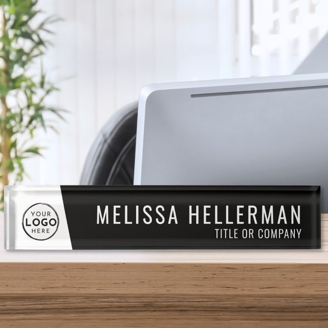 Porte-nom Pour Bureau Logo de l'entreprise Black Minimal Executive Profe (Company Logo Black Minimal Executive Professional Desk Name Plate)