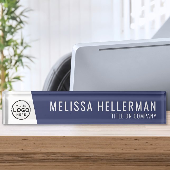 Porte-nom Pour Bureau Logo de l'entreprise Marine Blue Executive Profess (Company Logo Navy Blue Executive Professional Desk Name Plate)