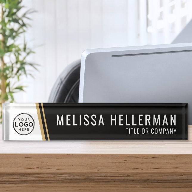 Porte-nom Pour Bureau Logo de l'entreprise Noir Or (Company Logo Black Gold Desk Name Plate)