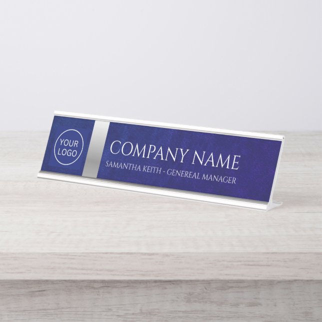 Porte-nom Pour Bureau Logo de l'entreprise Royal Blue Leather and Silver (Devant)