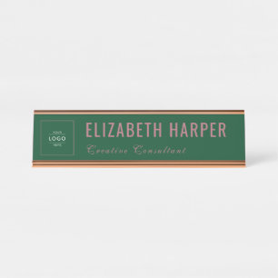 Porte-nom Pour Bureau Logo d'entreprise Luxe Vert Forêt et Or Rose