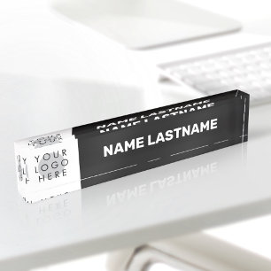 Porte-nom Pour Bureau Logo éditable Moderne Noir Blanc Gras Simple