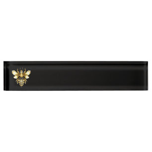 Porte-nom Pour Bureau Logo Faux Gold Foil Bee Polygonal sur Noir