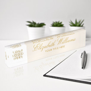 Porte-nom Pour Bureau Logo Personnalisé Elégant Classy Faux Gold Crème B