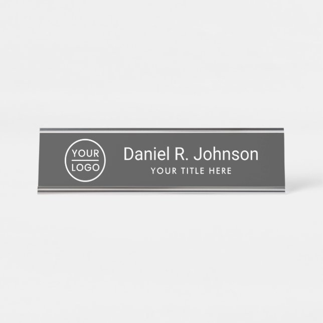 Porte-nom Pour Bureau Logo personnalisé gris foncé simple (Devant)