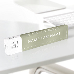 Porte-nom Pour Bureau Logo Simple Minimaliste Vert Sauge Blanc Acrylique