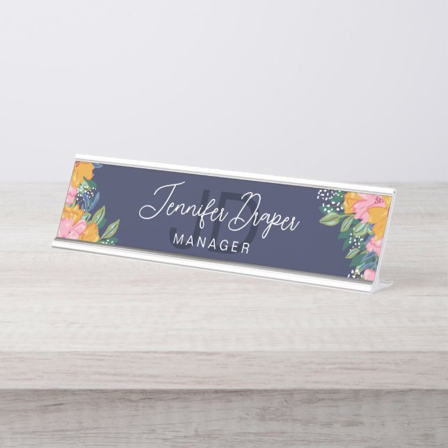 Porte-nom Pour Bureau Lush Pink Yellow Flowers Name & Initials (Devant)