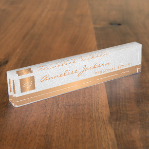 Porte-nom Pour Bureau Luxe élégant cuir blanc or monogrammed