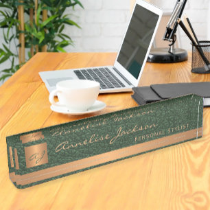 Porte-nom Pour Bureau Luxe élégant cuir vert or monogrammed