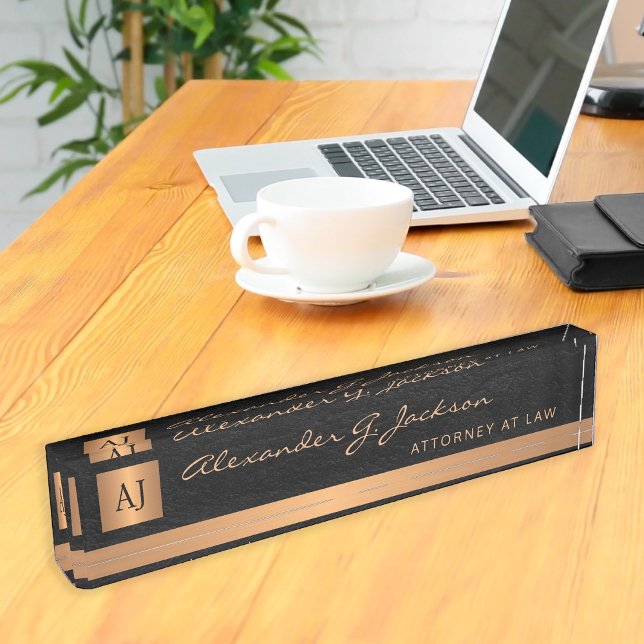 Porte-nom Pour Bureau Luxe élégant en cuir noir avocat monogramme or (Créateur téléchargé)