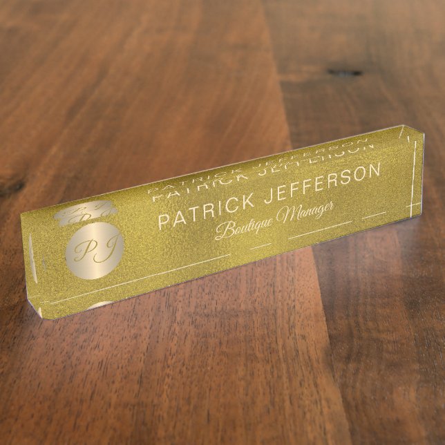 Porte-nom Pour Bureau Luxe élégant or parties scintillant acier monogram (Taille)