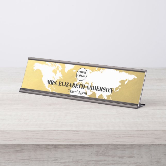 Porte-nom Pour Bureau Luxury Gold World map travel agency with logo (Devant)