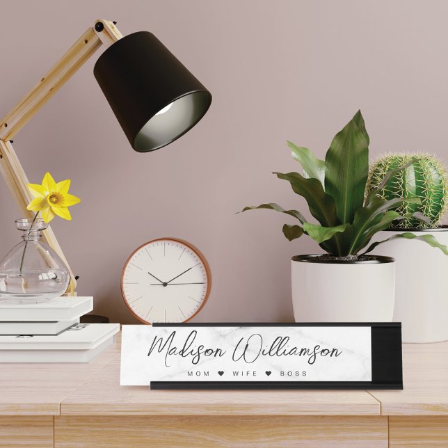 Porte-nom Pour Bureau Maman, Femme, Boss Brosse tendance Script Faux Mar (Créateur téléchargé)