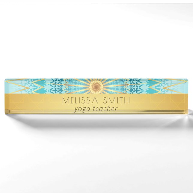 Porte-nom Pour Bureau Mandala Géométrique Turquoise Or (Devant)